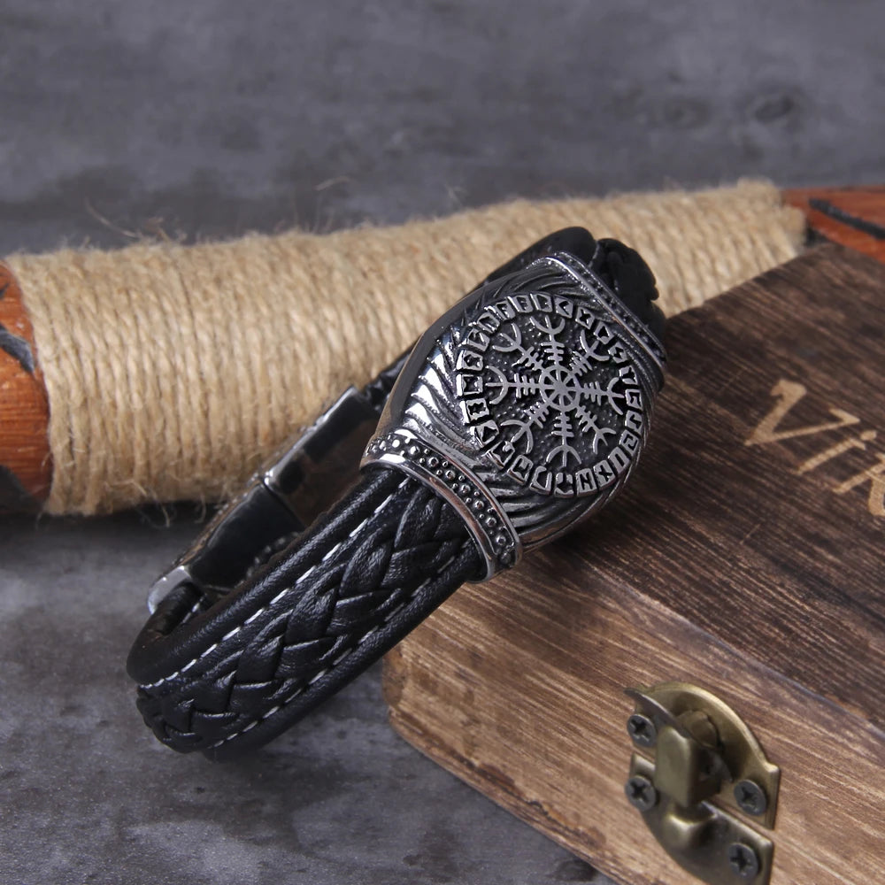 Viking Leather Bracelet - Aegishjalmur Runes