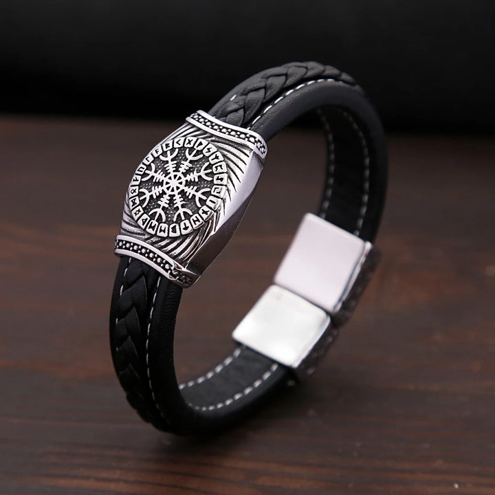 Viking Leather Bracelet - Aegishjalmur Runes