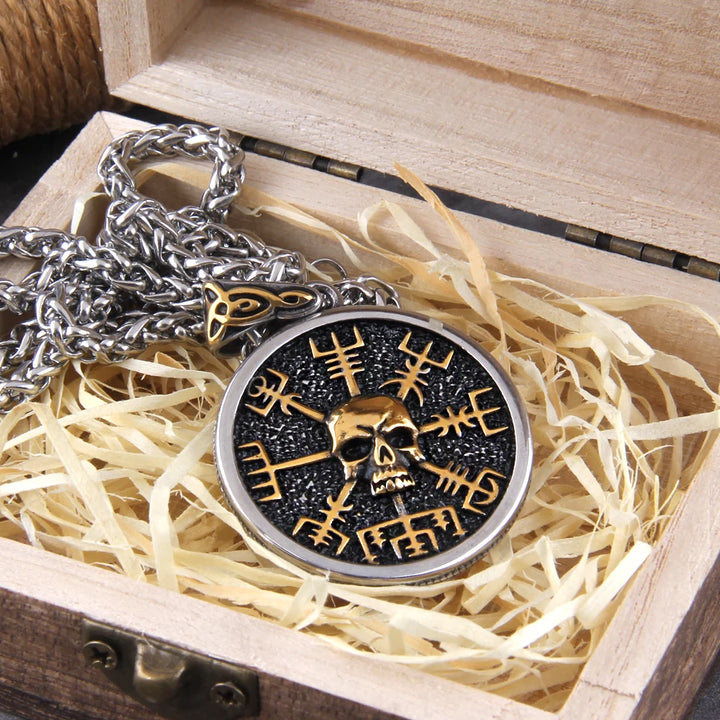 Skull Viking Vegvisir Compass Pendant Necklace - Nordic Runes
