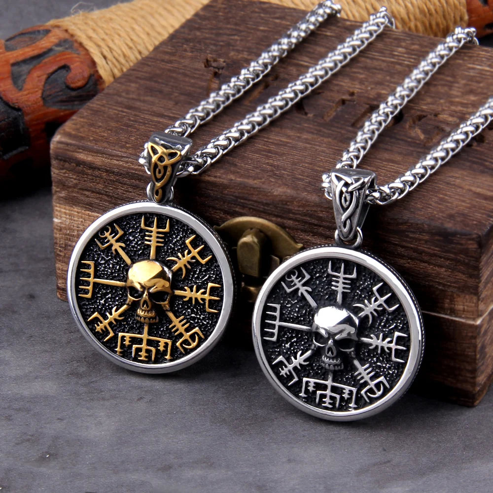 Skull Viking Vegvisir Compass Pendant Necklace - Nordic Runes