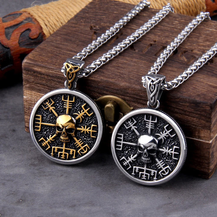 Skull Viking Vegvisir Compass Pendant Necklace - Nordic Runes