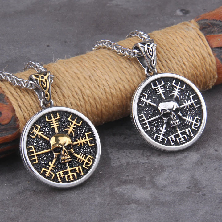 Skull Viking Vegvisir Compass Pendant Necklace - Nordic Runes