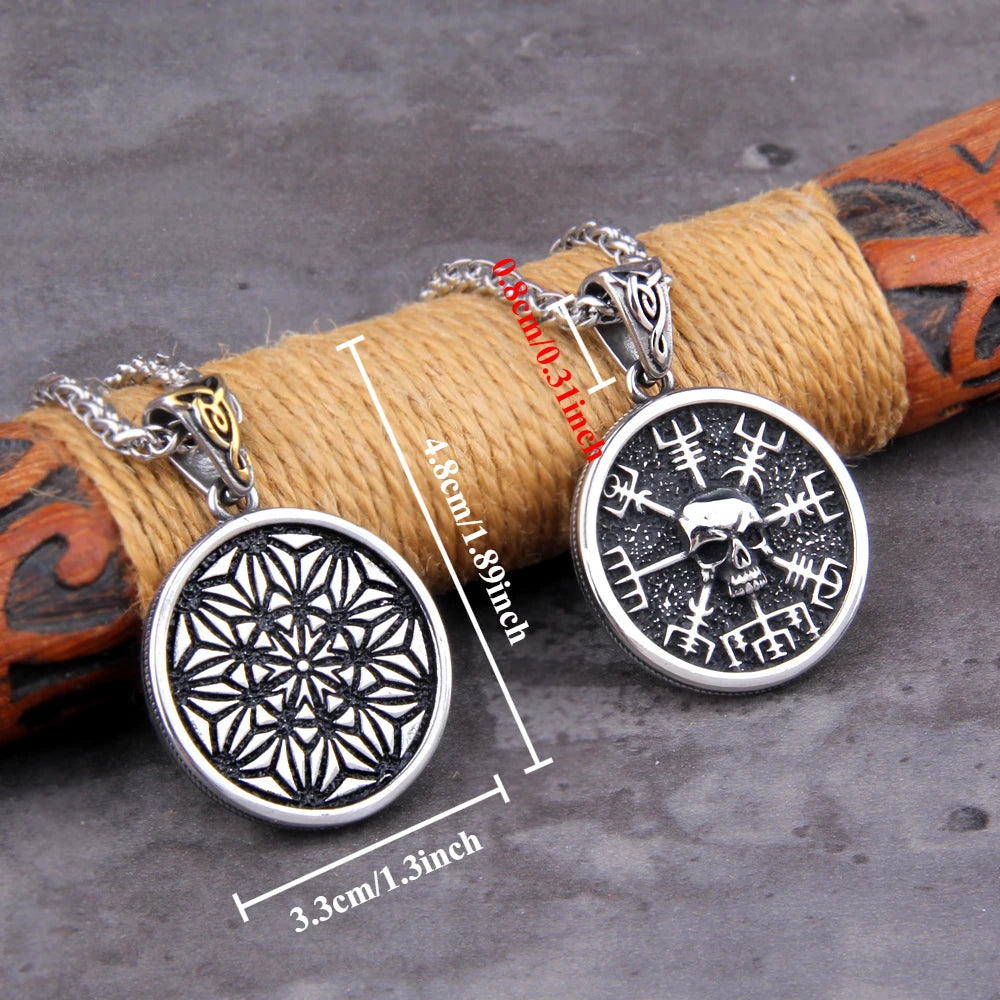 Skull Viking Vegvisir Compass Pendant Necklace - Nordic Runes