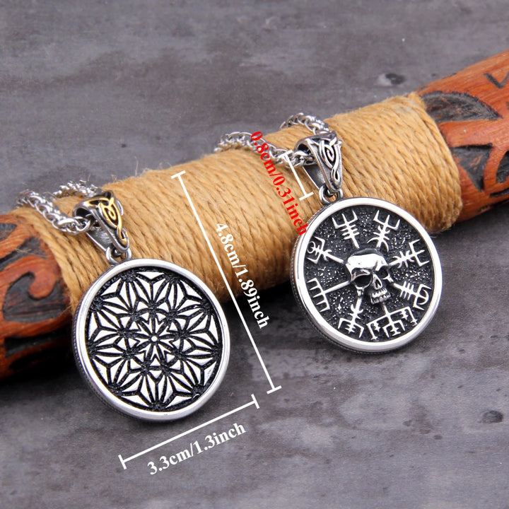 Skull Viking Vegvisir Compass Pendant Necklace - Nordic Runes