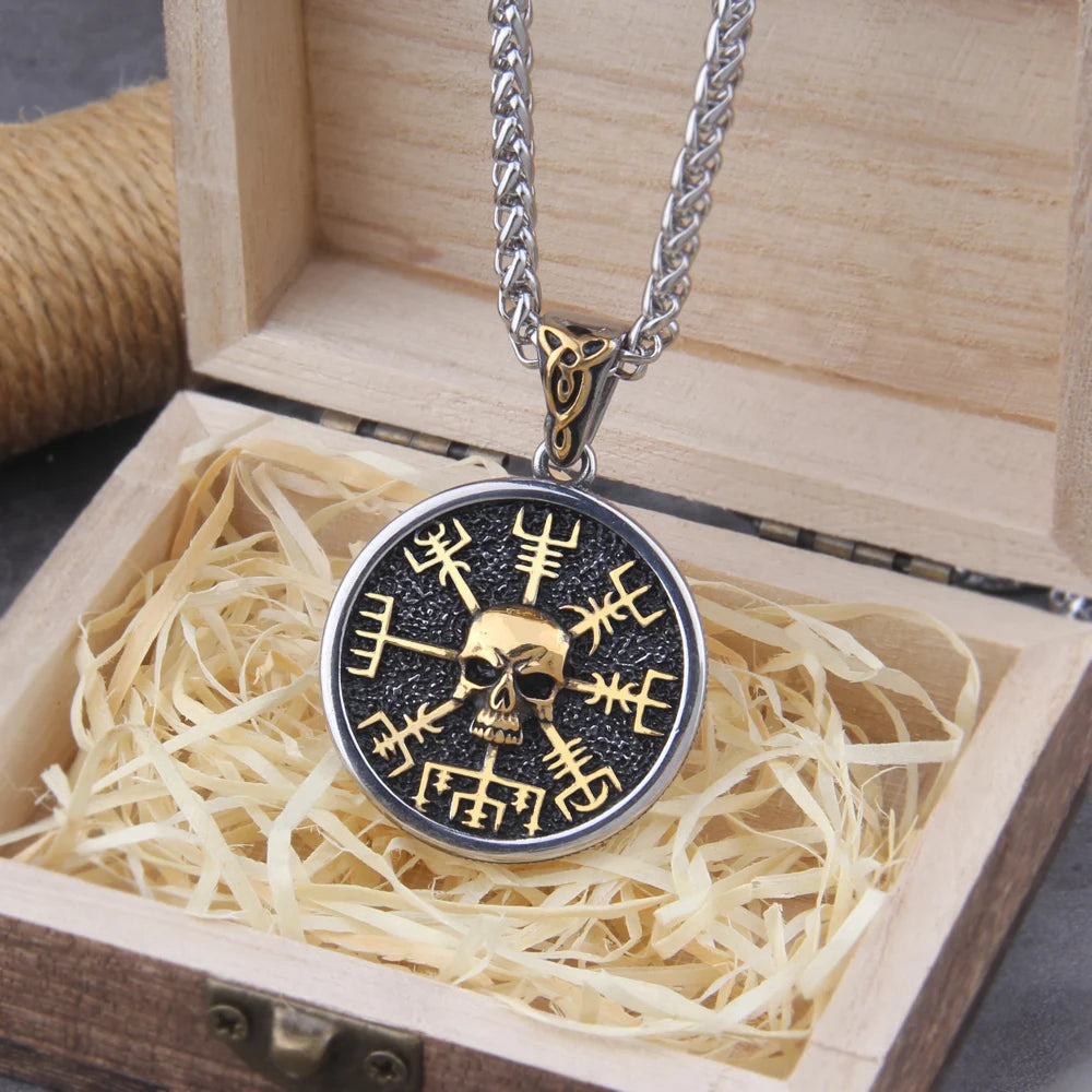Skull Viking Vegvisir Compass Pendant Necklace - Nordic Runes