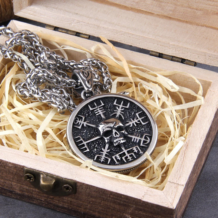 Skull Viking Vegvisir Compass Pendant Necklace - Nordic Runes