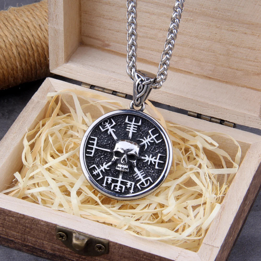 Skull Viking Vegvisir Compass Pendant Necklace - Nordic Runes
