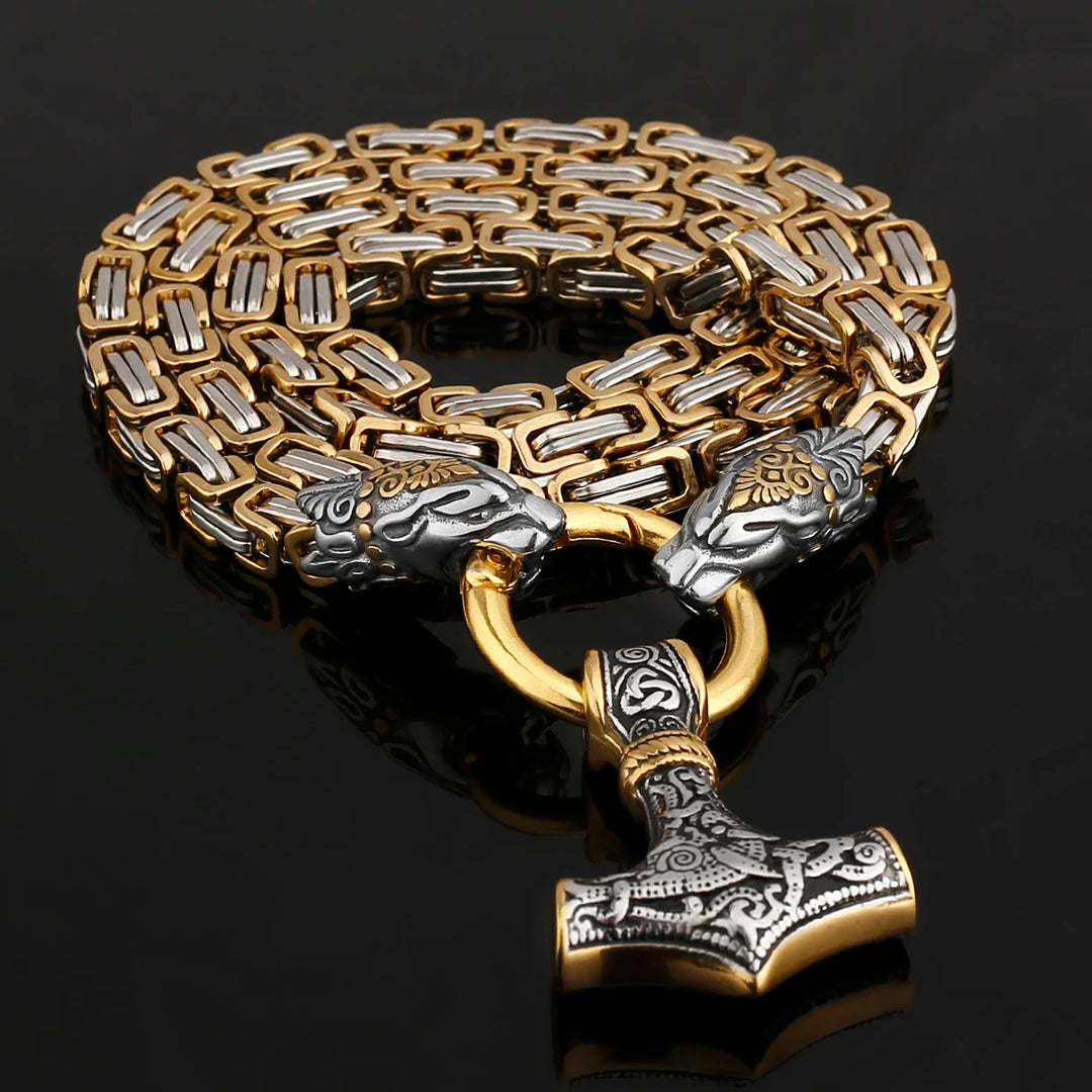 Gold Trimmed King Chain With  Twin Tiger Heads & Mjolnir Pendant