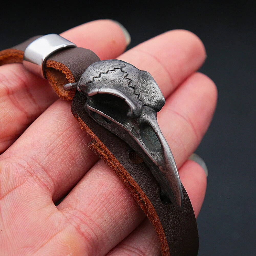 Raven Skull Leather Viking Bracelet