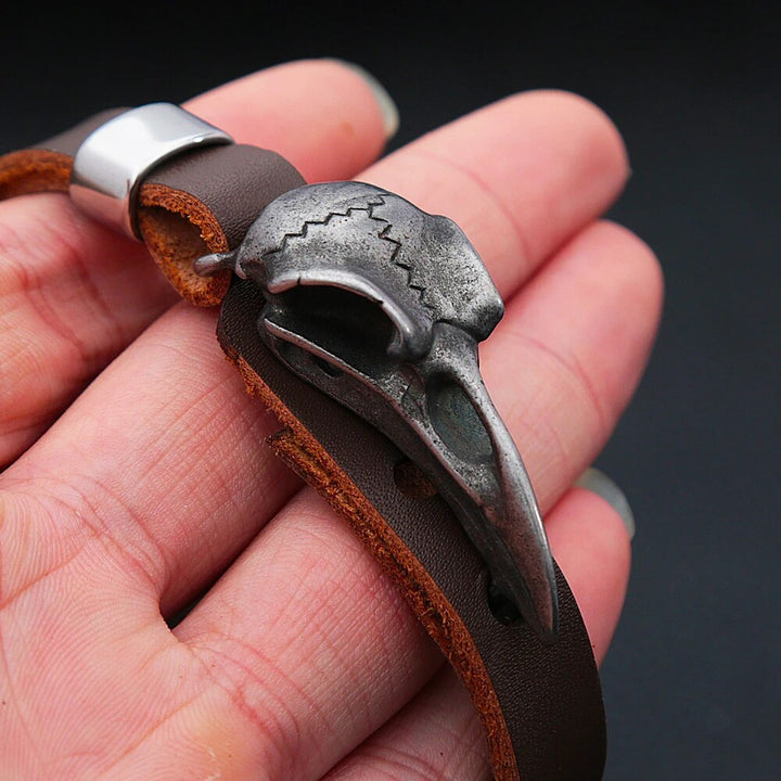 Raven Skull Leather Viking Bracelet