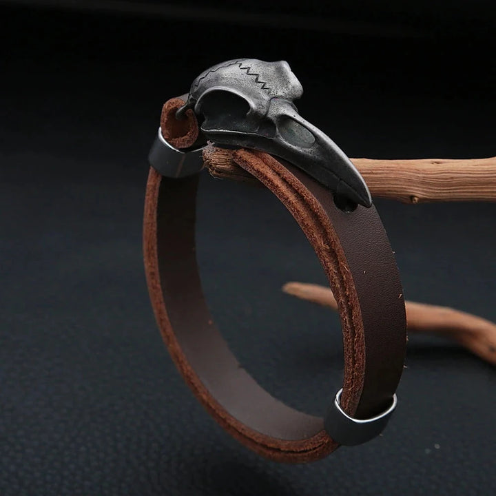 Raven Skull Leather Viking Bracelet
