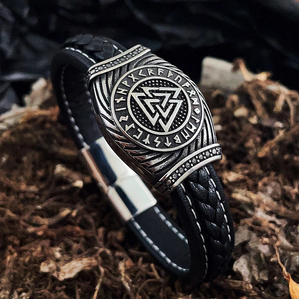 Viking Leather Bracelet Valknut Runes