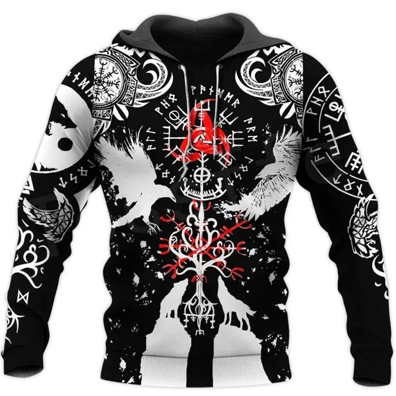 Viking Compass Hoodie – Black with Vegvisir and Nordic Rune Designs