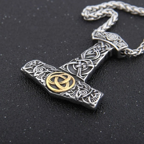 Thor Hammer Necklace - Golden Triquetra