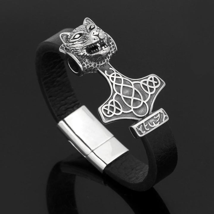 Viking Leather Bracelet - Mjolnir Wolf