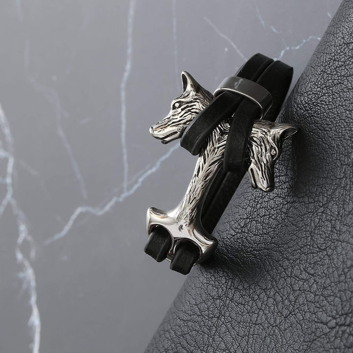 Viking Leather Bracelet - Geri Freki Wolves
