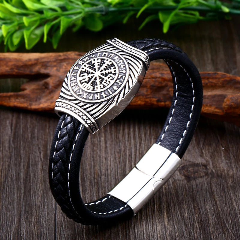 Viking Leather Bracelet - Vegvisir Runes