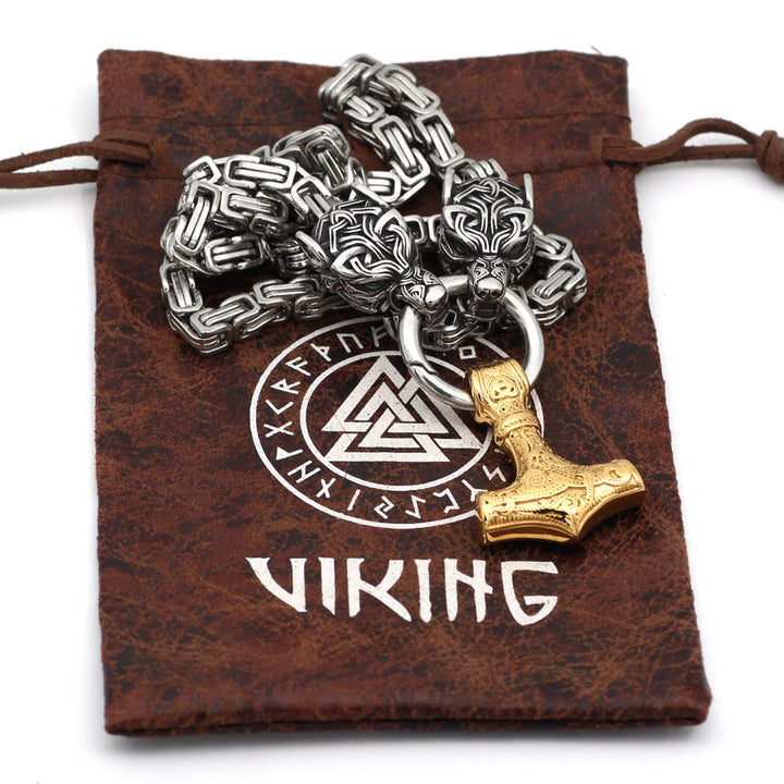 King Chain With Wolf Heads Biting The Ring Holding A Gold Mjolnir Pendant