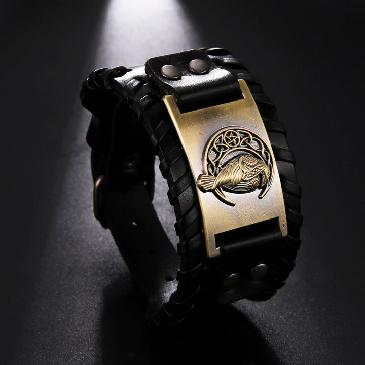 Viking Leather Bracelet With Norse Raven
