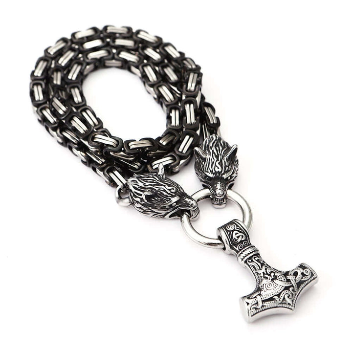 Black King Chain Featuring Wolf Heads With Mjolnir Pendant