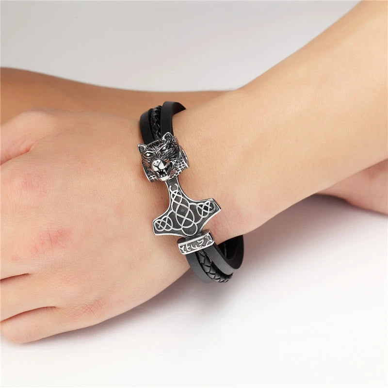 Viking Leather Bracelet - Mjolnir Wolf