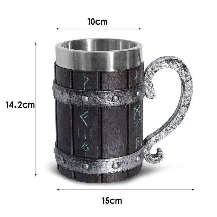 Viking Runes Tankard Mug With Wooden Barrel Design - 600ml