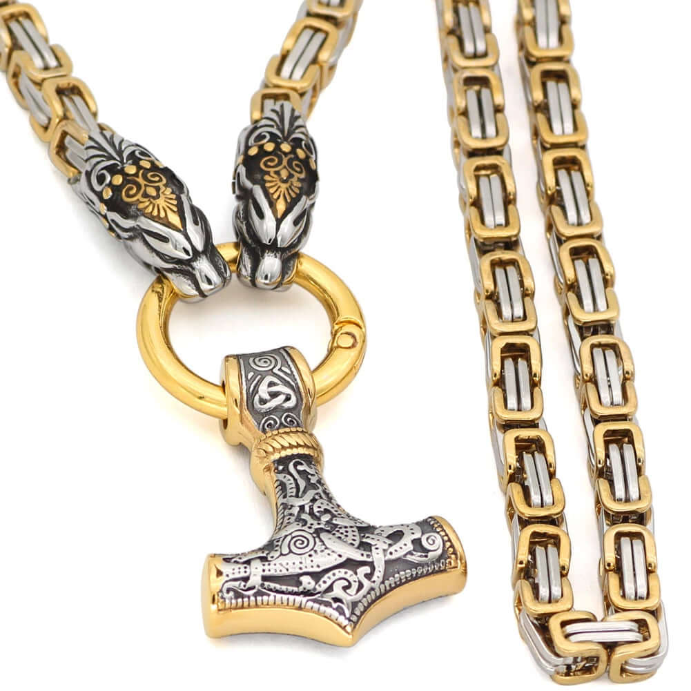 Gold Trimmed King Chain With  Twin Tiger Heads & Mjolnir Pendant