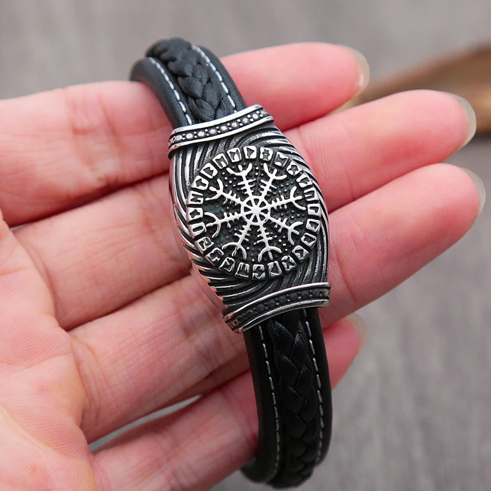 Viking Leather Bracelet - Aegishjalmur Runes