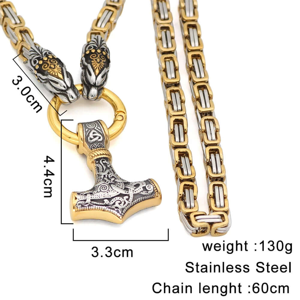 Gold Trimmed King Chain With  Twin Tiger Heads & Mjolnir Pendant