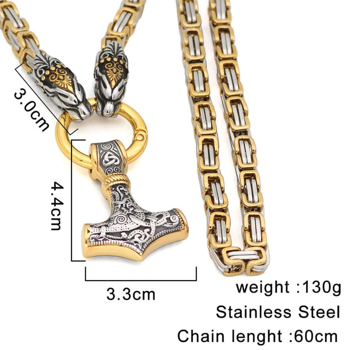 Gold Trimmed King Chain With  Twin Tiger Heads & Mjolnir Pendant