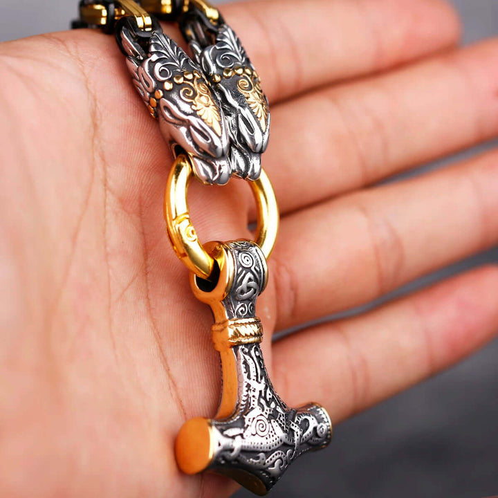 Gold Trimmed King Chain With  Twin Tiger Heads & Mjolnir Pendant