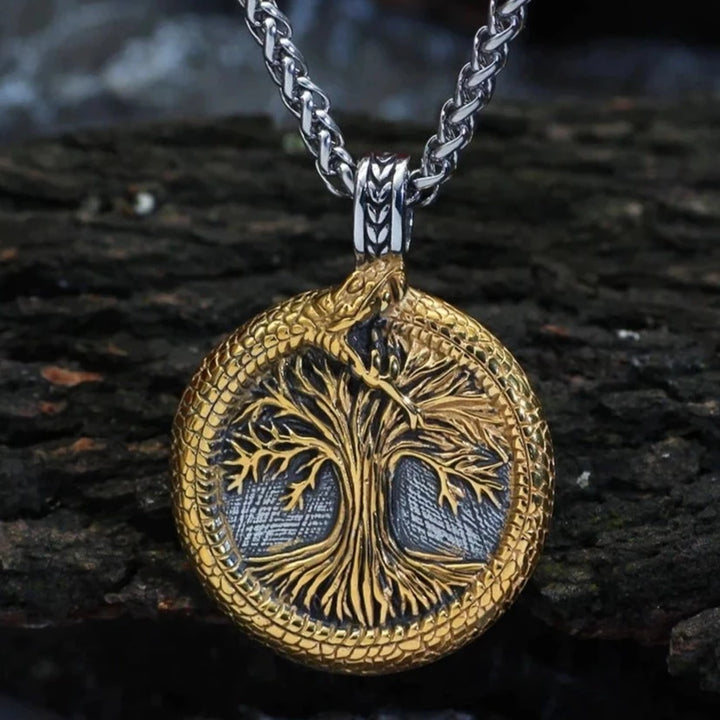 Viking Necklace - Gold-trimmed Yggdrasil in Jormugandr Circle