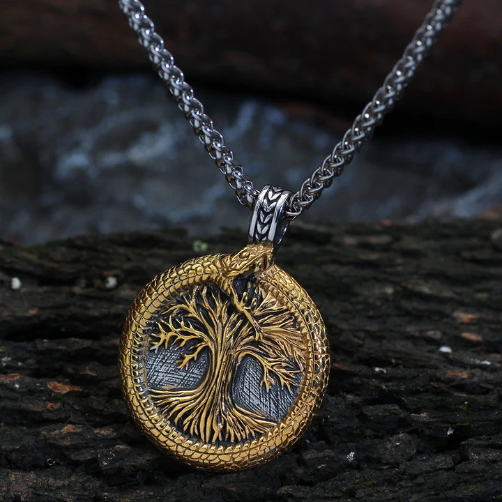 Viking Necklace - Gold-trimmed Yggdrasil in Jormugandr Circle