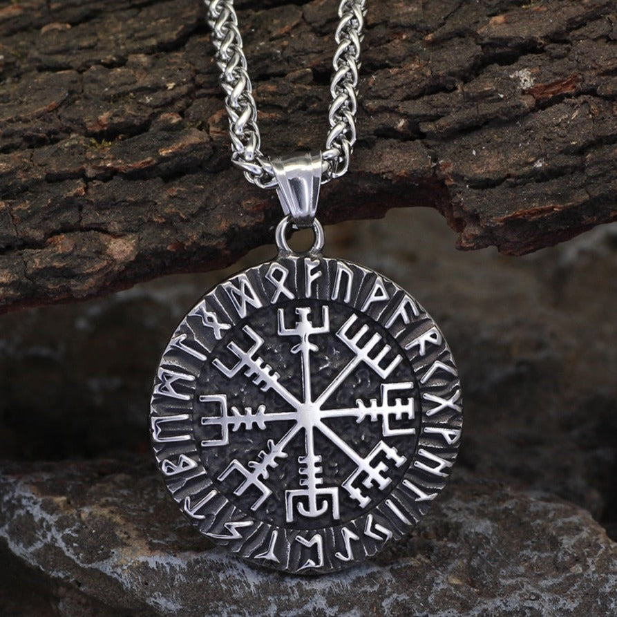 Men's Stainless Steel Viking Vegvisir Rune Compass Pendant Necklace - 24 Inch