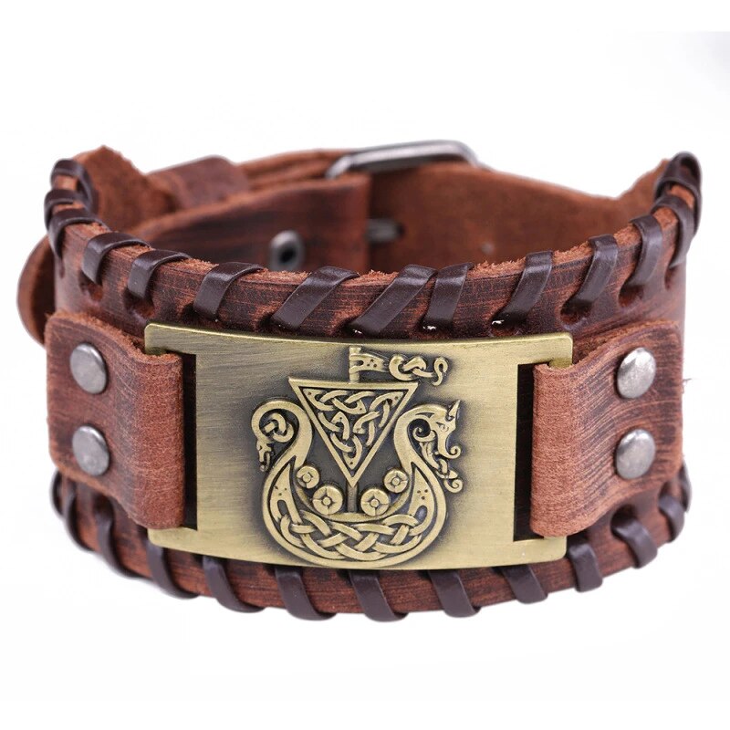 VIKING SHIP DRAKKAR LEATHER BRACELET
