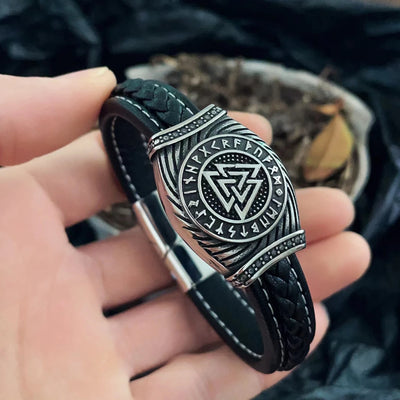 Viking  Leather Bracelet - Valknut Runes