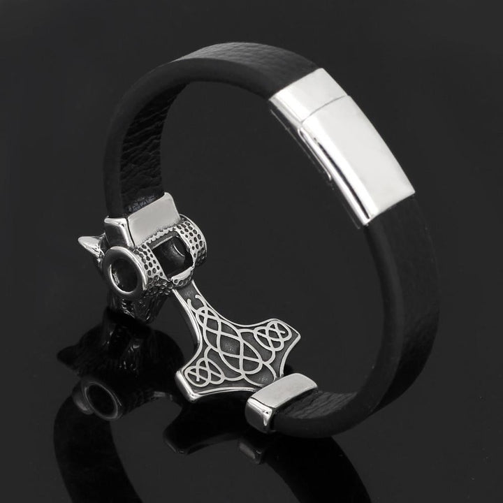 Viking Leather Bracelet - Mjolnir Wolf