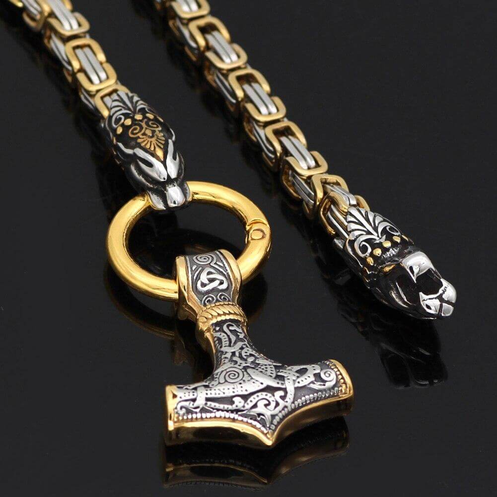 Gold Trimmed King Chain With  Twin Tiger Heads & Mjolnir Pendant