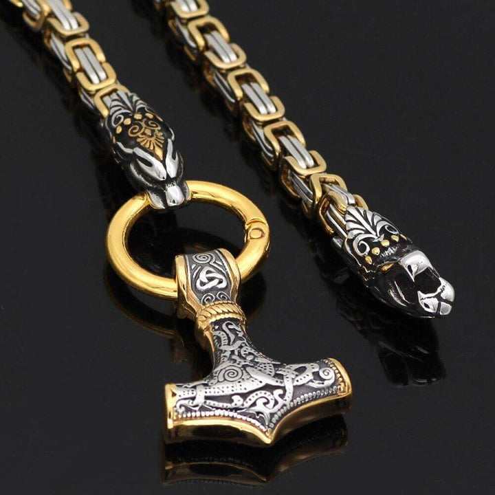 Gold Trimmed King Chain With  Twin Tiger Heads & Mjolnir Pendant