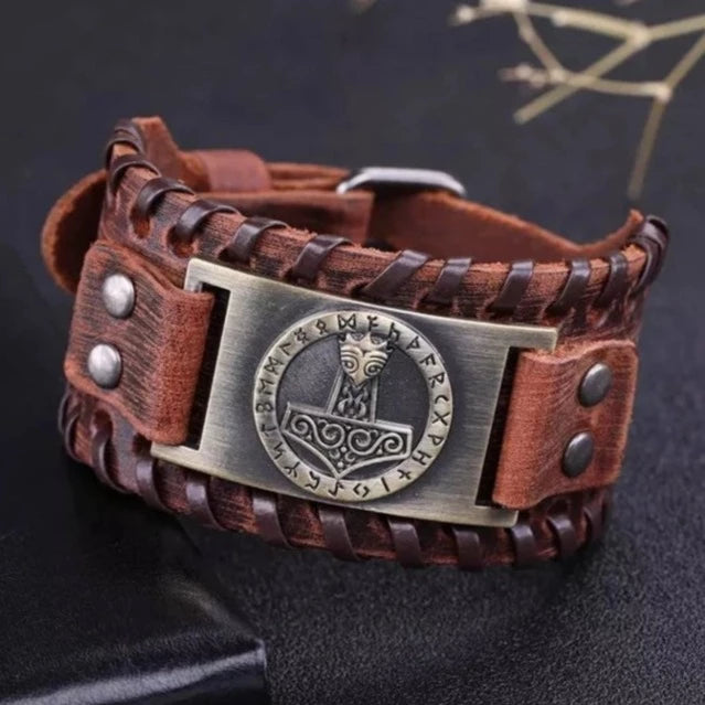 thumbnail image 2 of Viking Leather Bracelet – Victory Or Valhalla Cuff With Vegvisir Compass & Beads (Adjustable Slipknot) 2 of 5