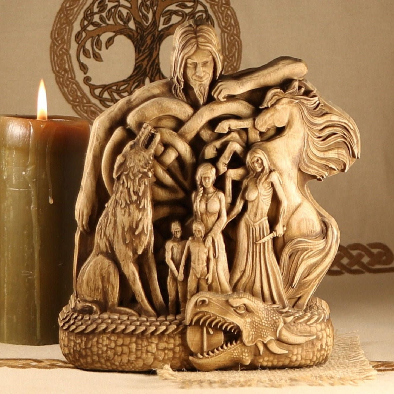 Lokі’s Family Statue, Norse God Wood Carving Sculpture