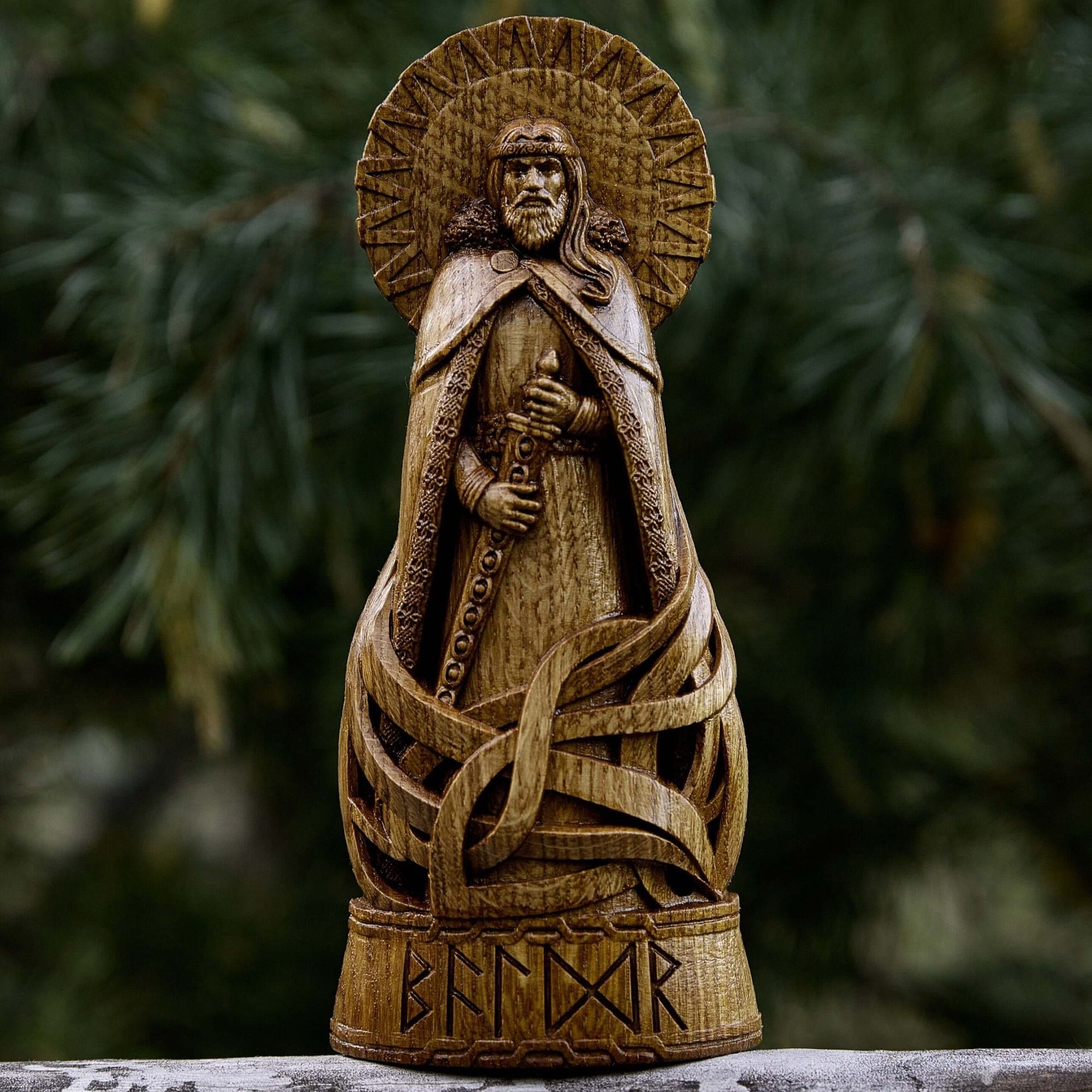 Norse God Baldr Wooden Statue, Crafted From Oak Wood