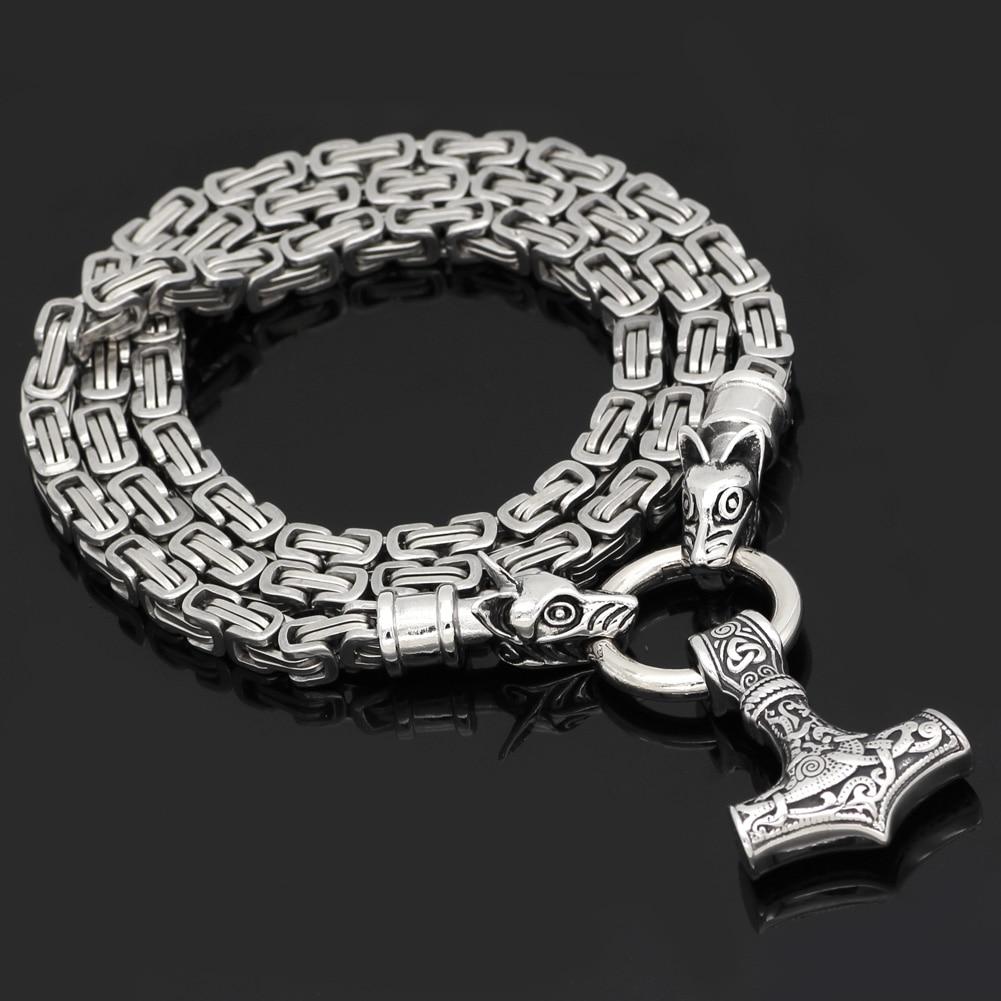 King Chain With Twin Wolves Holding Mjolnir Pendant