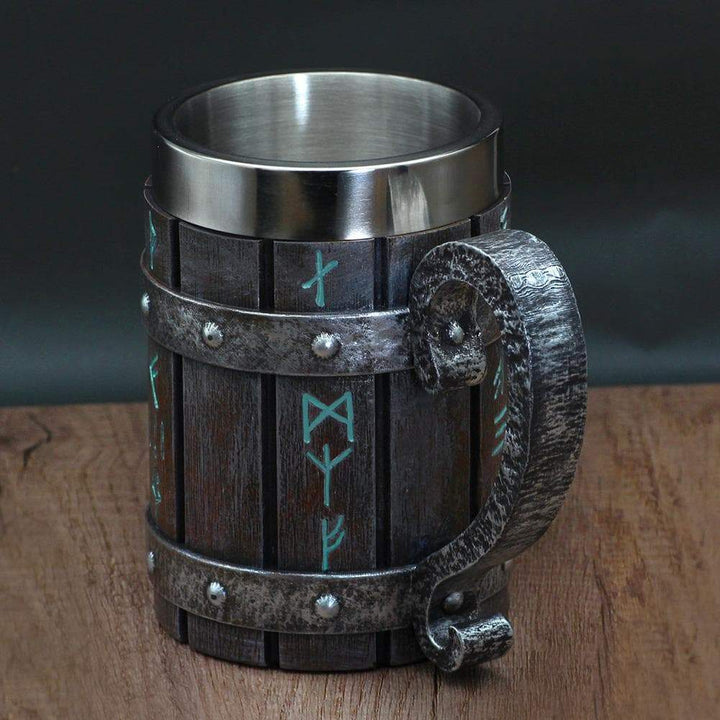 Viking Runes Tankard Mug With Wooden Barrel Design - 600ml
