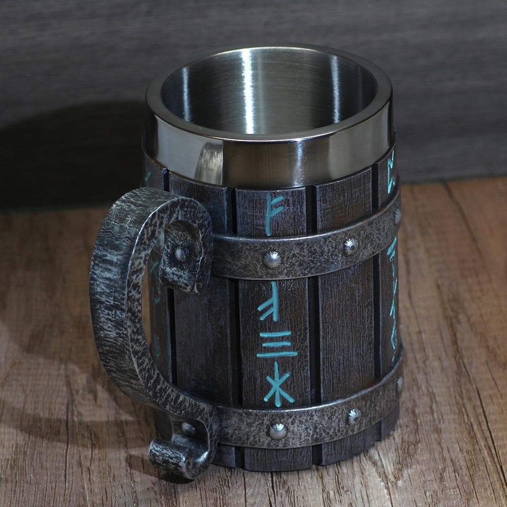 Viking Runes Tankard Mug With Wooden Barrel Design - 600ml