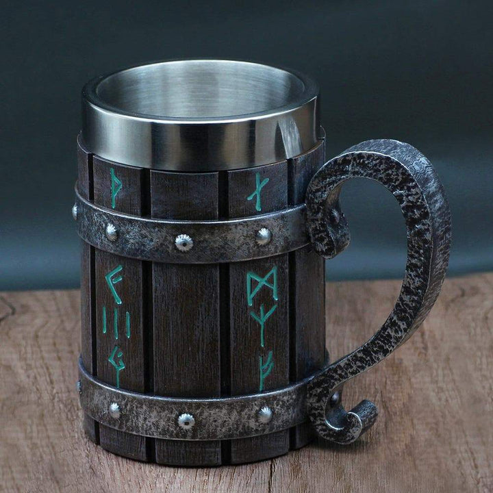 Viking Runes Tankard Mug With Wooden Barrel Design - 600ml