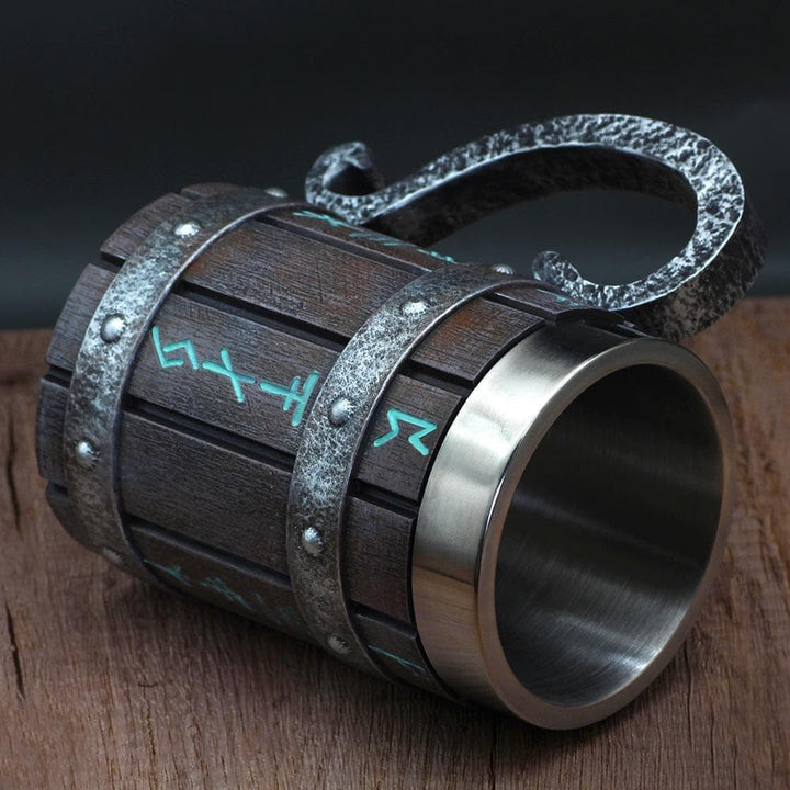 Viking Runes Tankard Mug With Wooden Barrel Design - 600ml