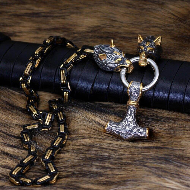 Gold And Black Trimmed King Chain With Wolves Biting The Ring Holding A Mjolnir Pendant