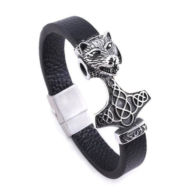 Viking Leather Bracelet - Mjolnir Wolf