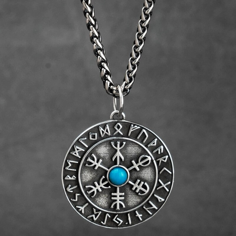 Sterling Silver Aegishjalmur Viking Necklace Featuring Turquoise Stone